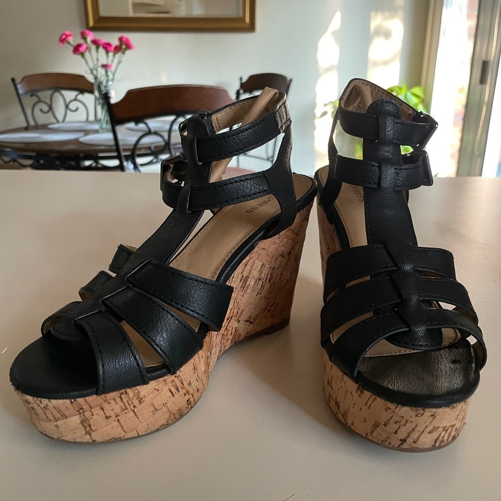 Express Black Cork Wedges